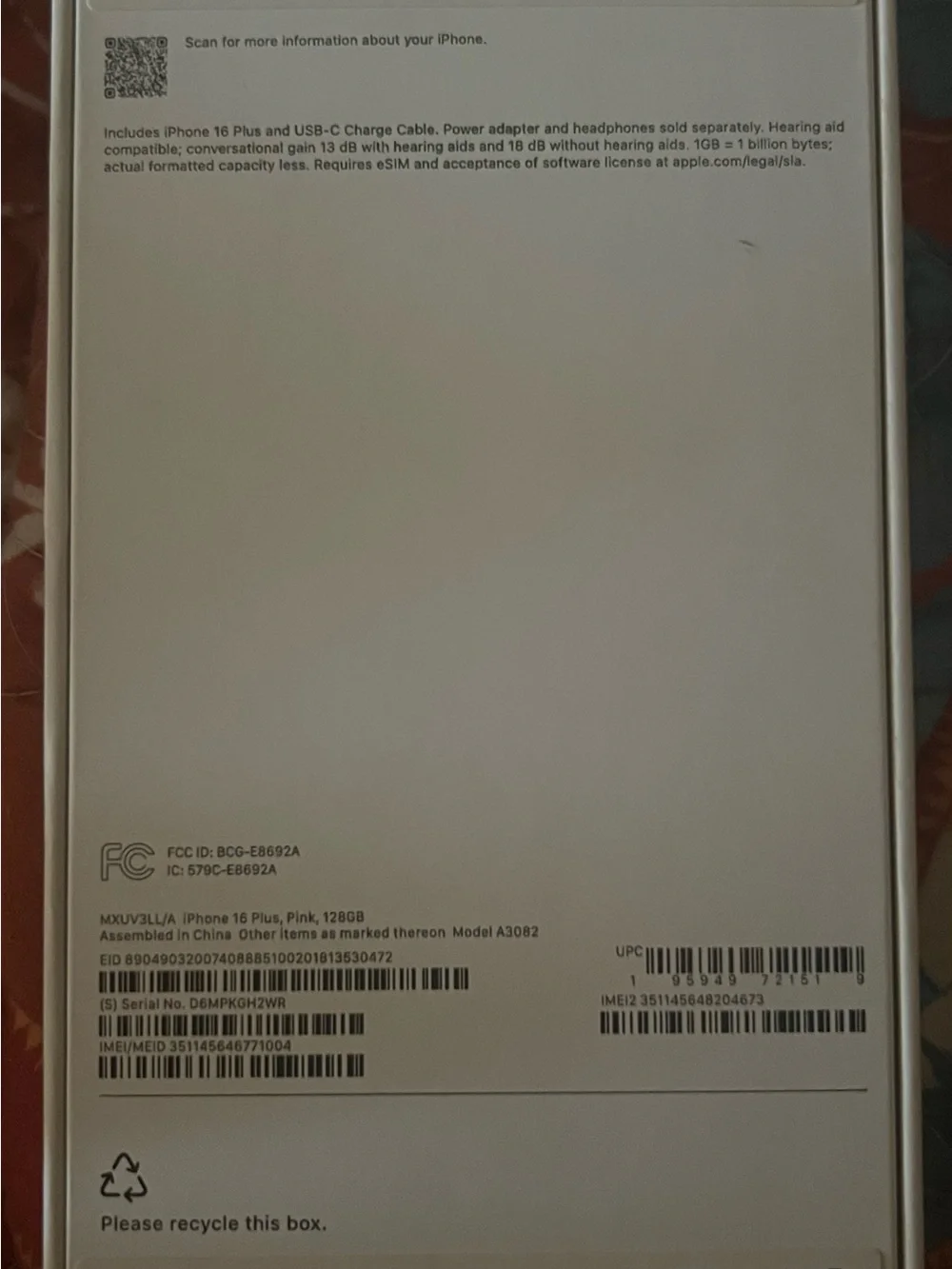Apple iPhone 16 plus in Pink BOX ONLY